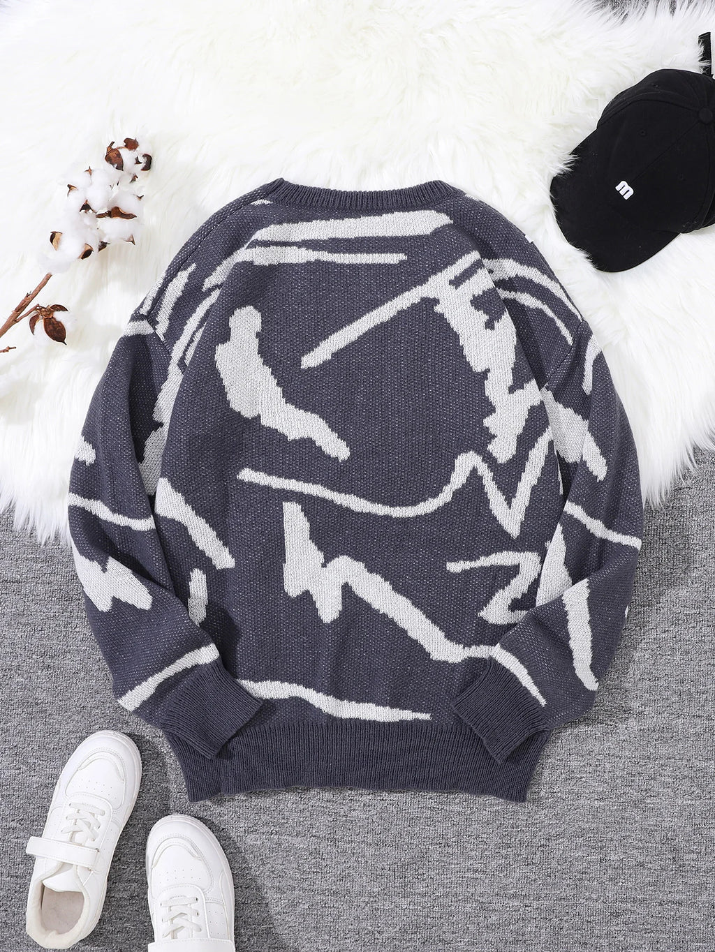 Nouveau populaire printemps automne Graffiti Jacquard motif pull pull décontracté col rond contraste couleur tricoté hommes pull