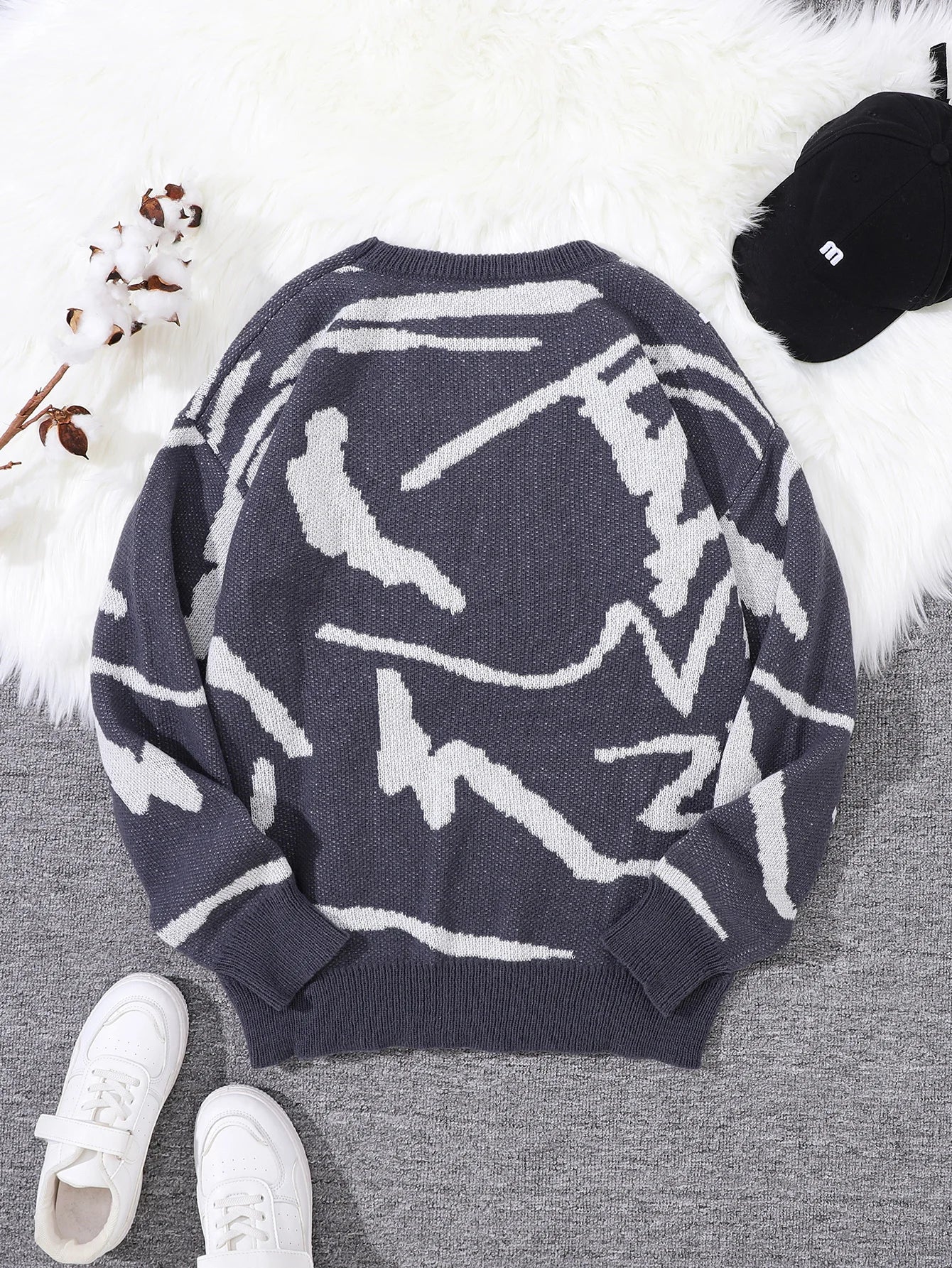 Nouveau populaire printemps automne Graffiti Jacquard motif pull pull décontracté col rond contraste couleur tricoté hommes pull