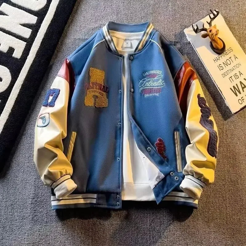 Veste en laine pour hommes, uniforme de Baseball bloqué de couleur, brodé, Vintage coréen, Patchwork, manteau en cuir, vêtements pour hommes, printemps automne
