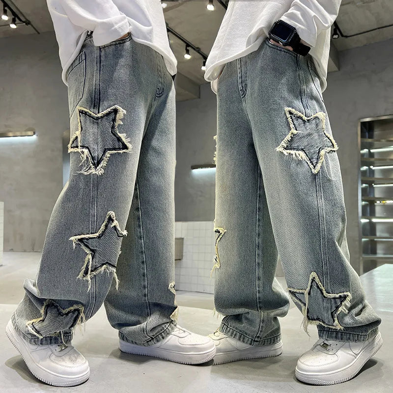 Nouvelle mode adolescents garçons Denim pantalons à jambes larges enfant pantalon printemps automne étoile épissage bord brut jean 5-14 ans enfants pantalons