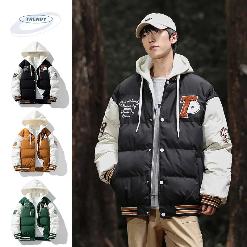 2025 nouvelle veste en coton hommes hiver jeunesse épaissi vers le bas manteau à capuche faux deux pièces mode Parka décontractée vêtements d'extérieur chauds grande taille