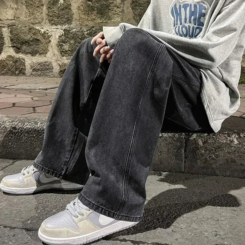 Jean ample pour hommes, Streetwear, Style coréen, mode, ample, droit, jambes larges, vêtements de marque, noir, bleu clair, nouvelle collection 2025