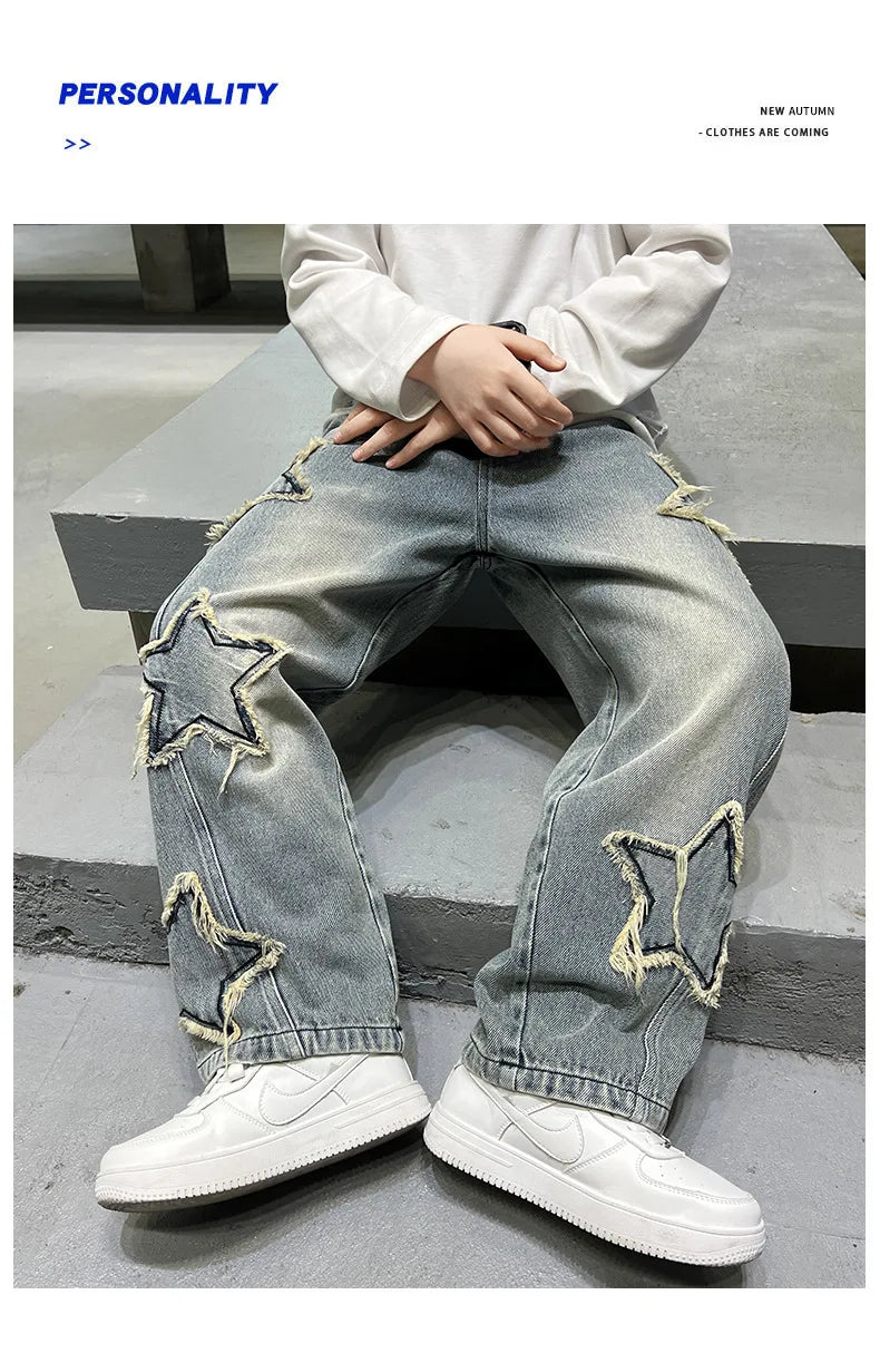 Nouvelle mode adolescents garçons Denim pantalons à jambes larges enfant pantalon printemps automne étoile épissage bord brut jean 5-14 ans enfants pantalons