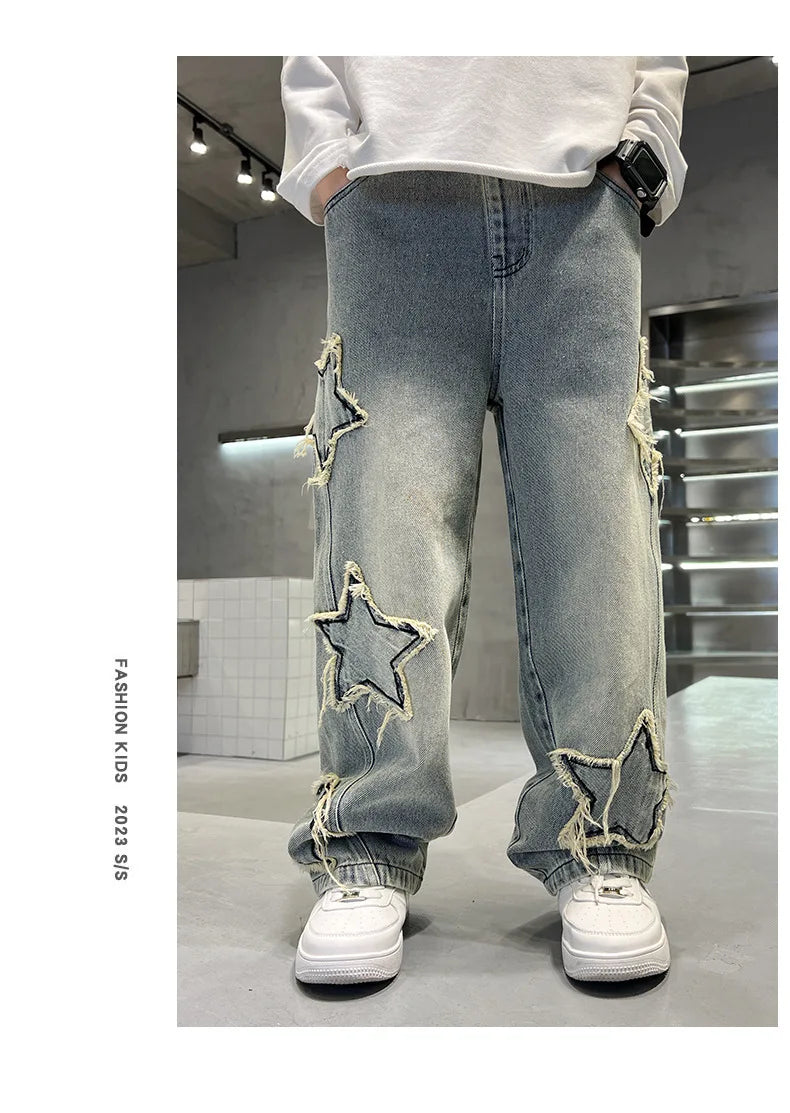 Nouvelle mode adolescents garçons Denim pantalons à jambes larges enfant pantalon printemps automne étoile épissage bord brut jean 5-14 ans enfants pantalons