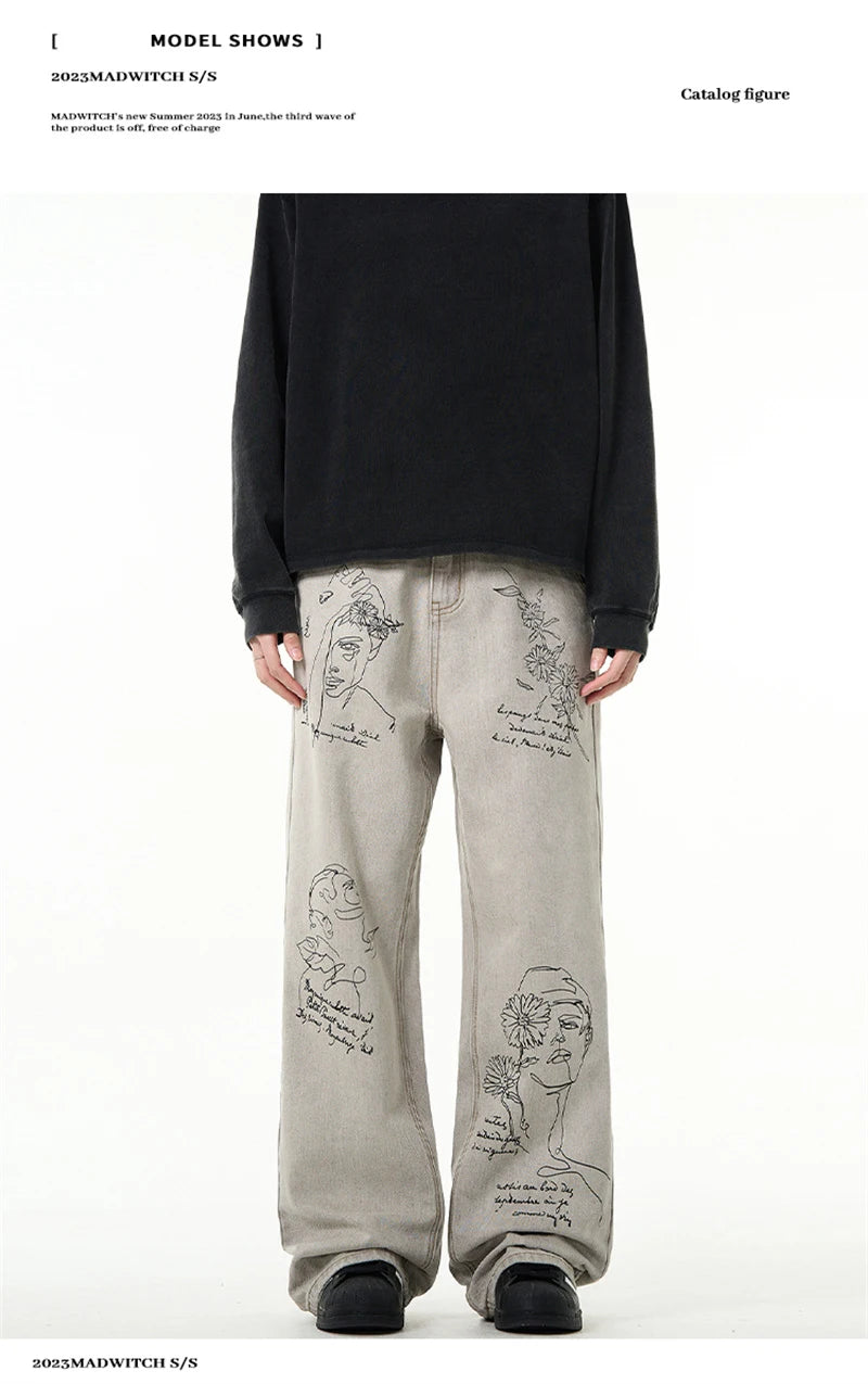 Jean imprimé graphique graffiti rétro américain pour hommes, pantalon en denim baggy, mode Harajuku, streetwear Y2K, DistMurcia, fjgy