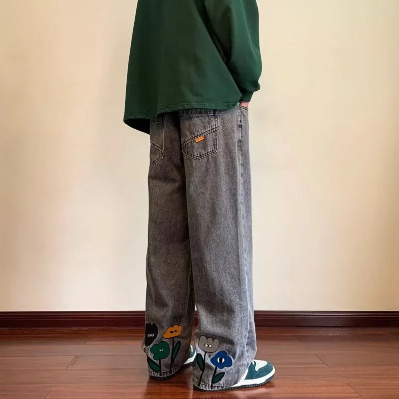 Jean Baggy imprimé fleur Y2K pour hommes, Streetwear américain décontracté, pantalon à jambes larges, Vintage, droit, nouvelle collection 2025