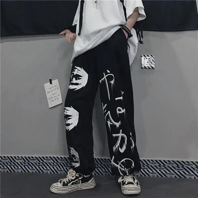 Pantalon de survêtement noir imprimé japonais Y2k pour homme, Streetwear, jambes larges, Baggy surdimensionné, décontracté, Sport, 2023