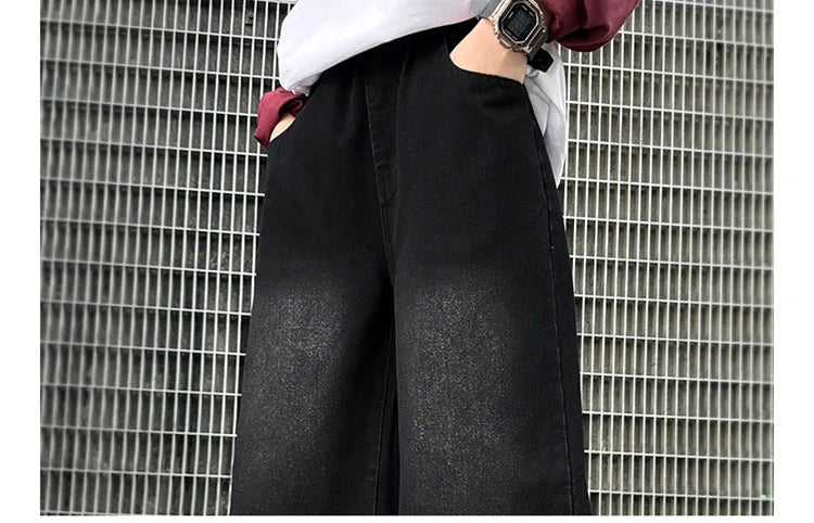 Nouvelle mode enfants jean noir avec dessin pour garçons filles décontracté Streetwear Denim pantalon unisexe enfant coupe droite jean pantalon