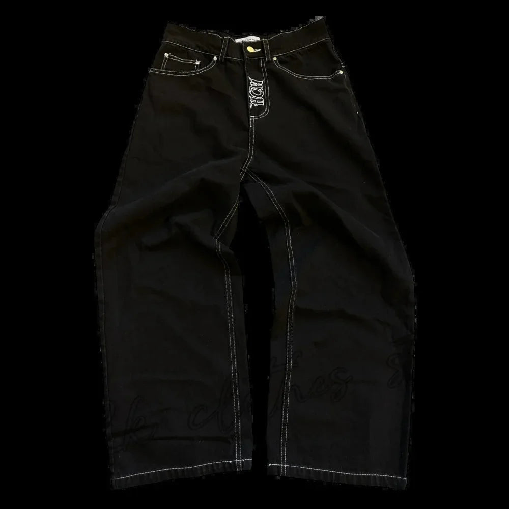 Nouveau Baggy décontracté jambe large Jean hommes rue rétro Hip Hop imprimé Jean tendance mode noir taille haute Jean Y2k hommes vêtements 2023
