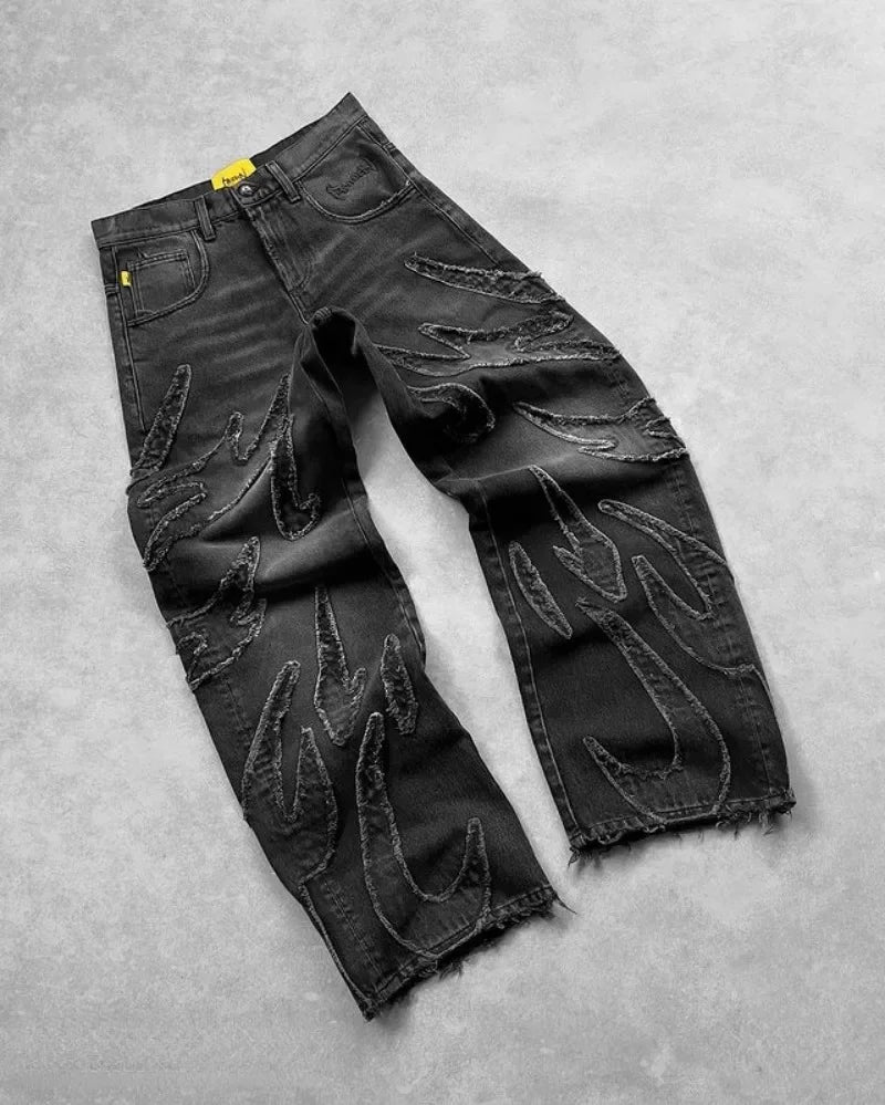 Nouveau Y2K Harajuku rétro graphique Patch jean Hip Hop gothique bord brut broderie noir Baggy jean jambe large Denim pantalon hommes femmes
