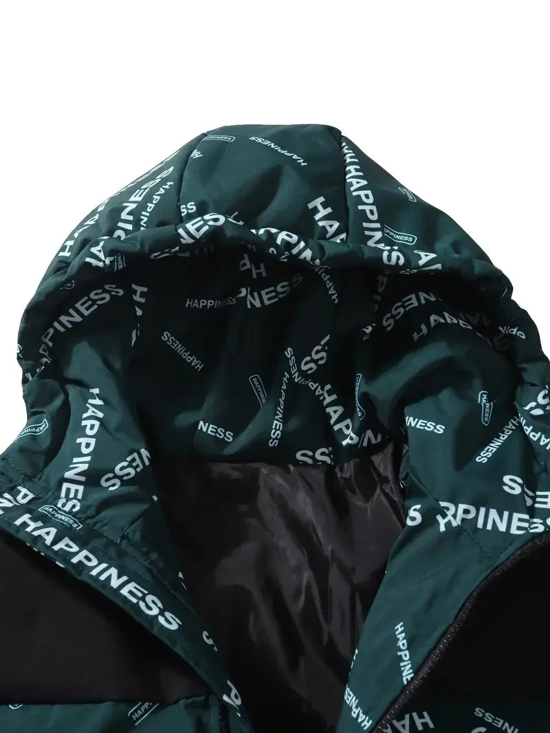 Veste à capuche épaisse coupe-vent pour hommes avec poches et cordon de serrage décontracté lettre imprimée vêtements d'extérieur polyvalents chaud et élégant pour décontracté