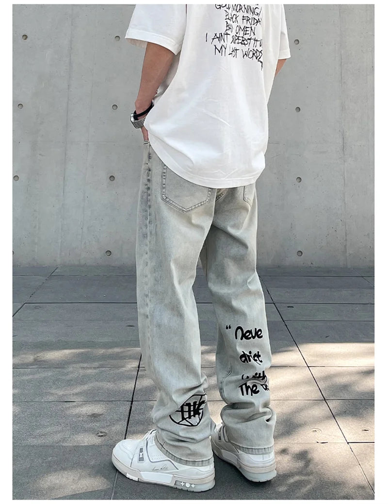 Jean Baggy avec lettres gothiques américaines pour hommes, pantalon en Denim droit rétro Harajuku Y2K, Hip Hop, mode imprimée