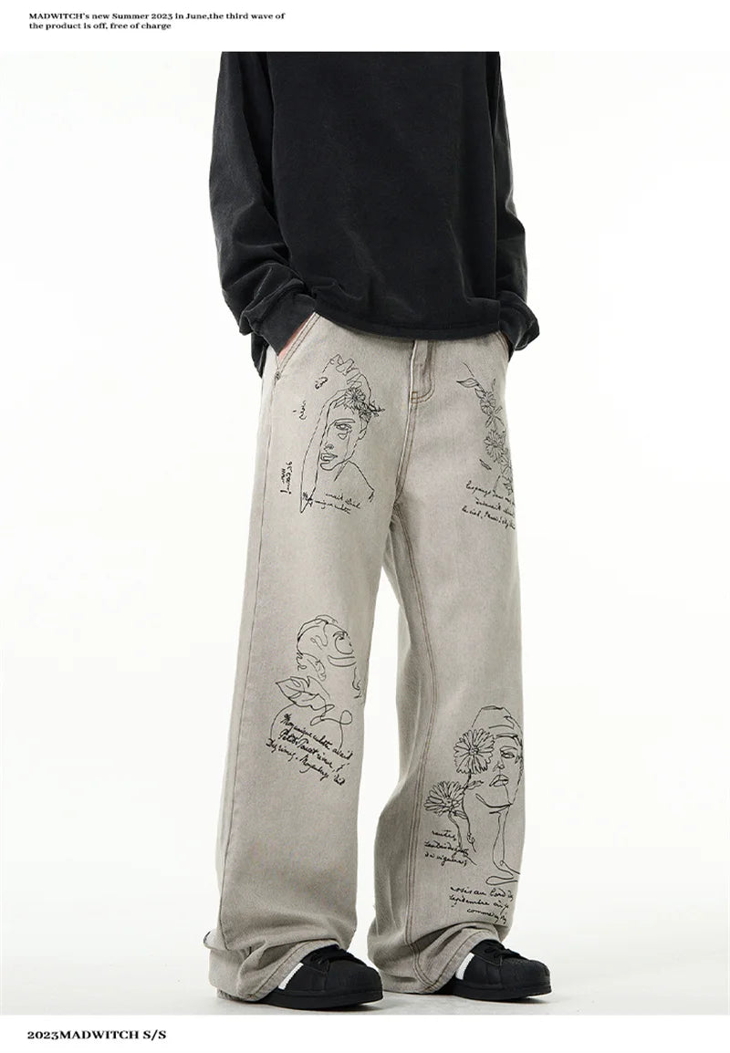 Jean imprimé graphique graffiti rétro américain pour hommes, pantalon en denim baggy, mode Harajuku, streetwear Y2K, DistMurcia, fjgy