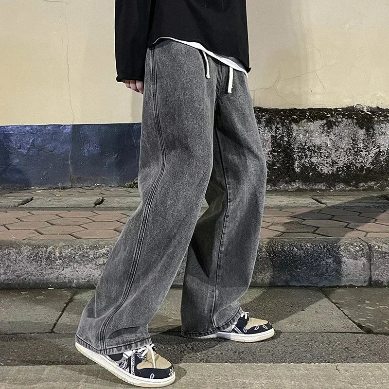 Jean ample pour hommes, Streetwear, Style coréen, mode, ample, droit, jambes larges, vêtements de marque, noir, bleu clair, nouvelle collection 2025