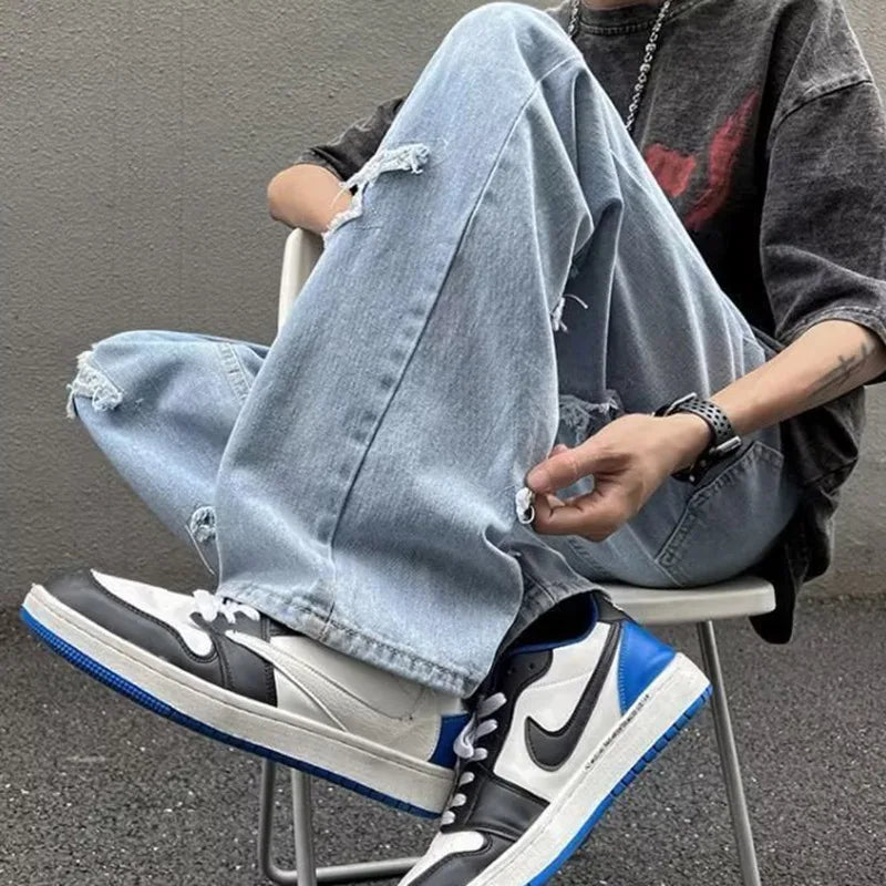 Jean en Denim à jambes droites pour hommes, nouvelle mode décontractée, ample, pantalon Y2k, jambes larges, Hip Hop, noir, bleu