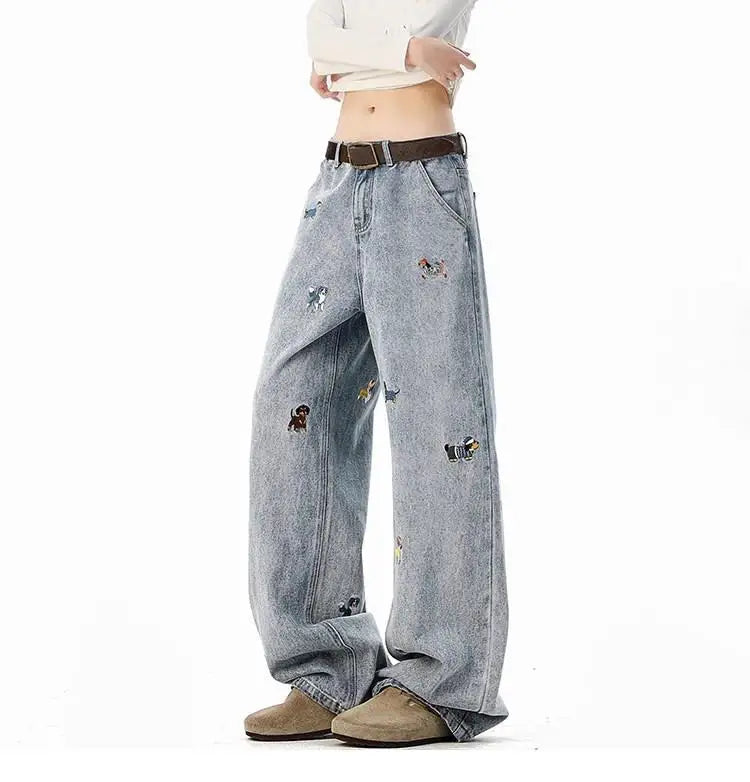 【Mirrordust】 Jean Vintage brodé de Style américain pour hommes, pantalon ample à jambes larges, polyvalent, longueur au sol