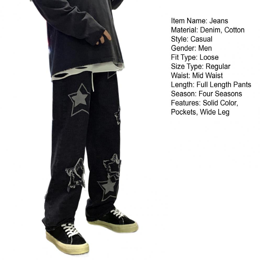 Pantalon en Denim pour hommes, motif étoile à cinq points, broderie, jambes larges, Streetwear, couleur unie, taille moyenne, Baggy, jean droit