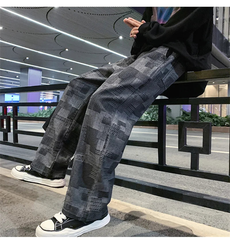 Jean à carreaux bleu noir pour hommes, Vintage, jambes larges, High Street, ample, droit, Hip Hop, automne Y2K