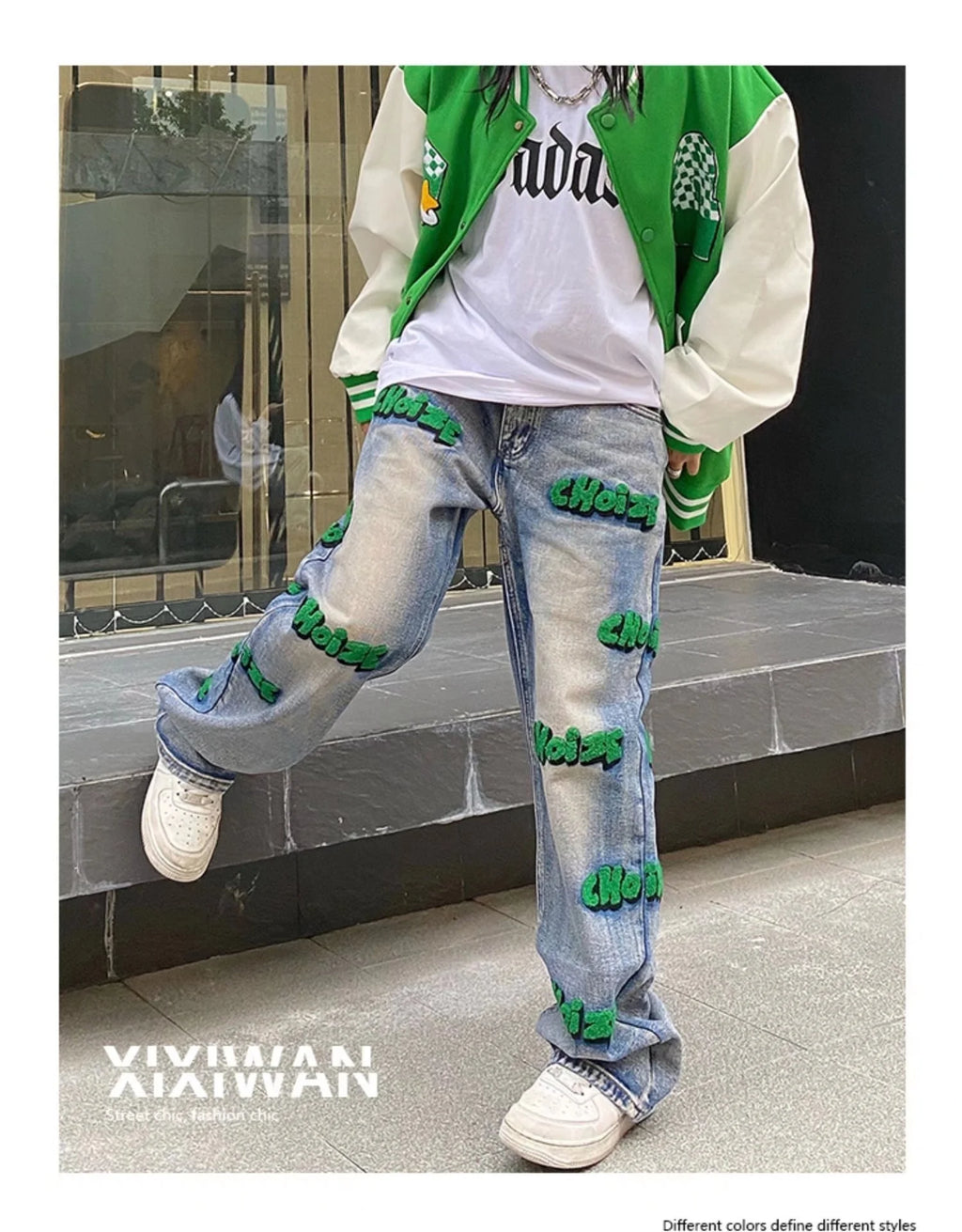 Feynzz broderie haute rue style hiphop flocage jean automne pantalon à jambes larges pour hommes et femmes taille haute jeans mode