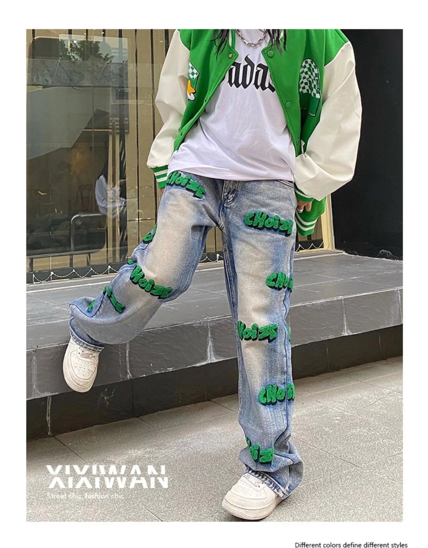 Feynzz broderie haute rue style hiphop flocage jean automne pantalon à jambes larges pour hommes et femmes taille haute jeans mode