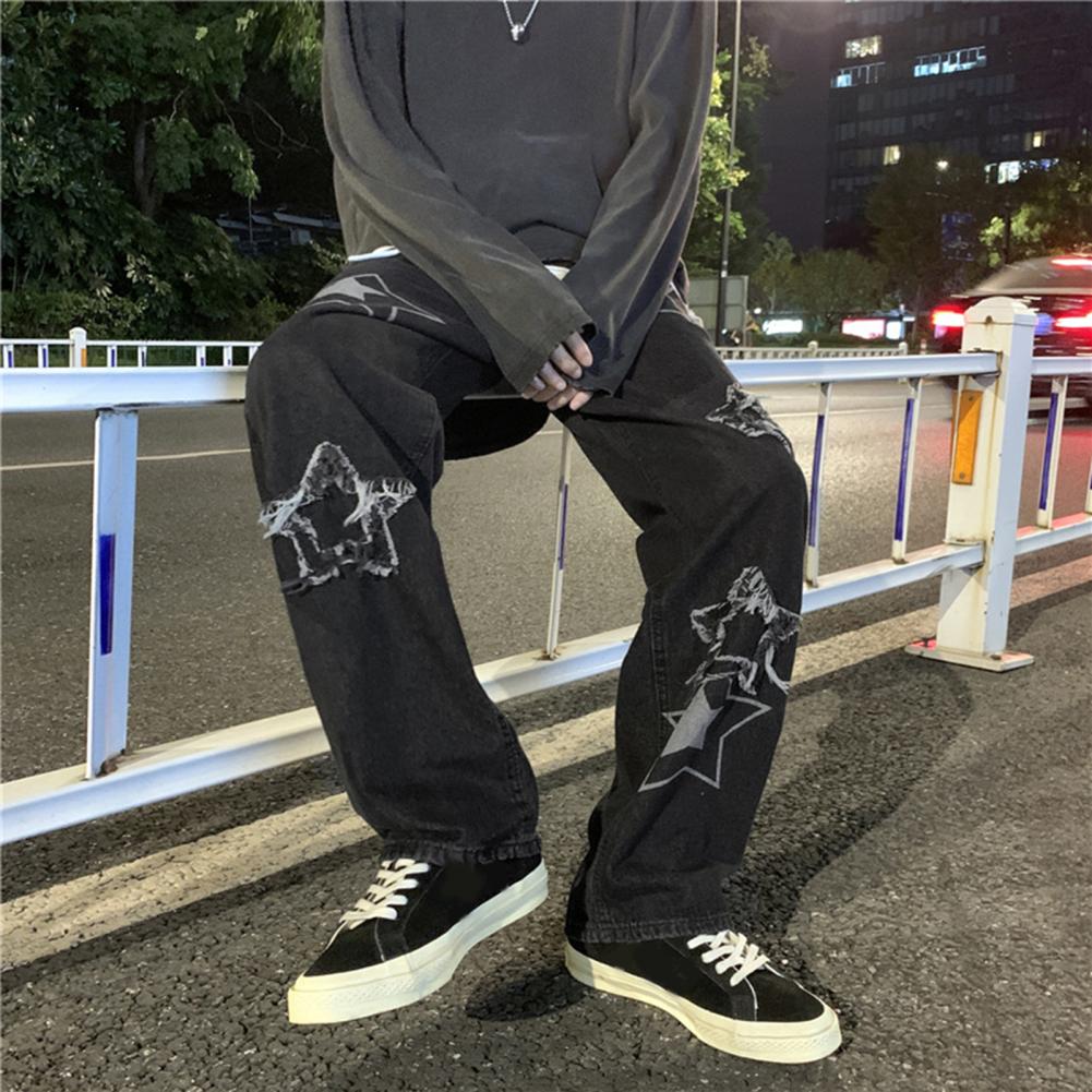 Pantalon en Denim pour hommes, motif étoile à cinq points, broderie, jambes larges, Streetwear, couleur unie, taille moyenne, Baggy, jean droit