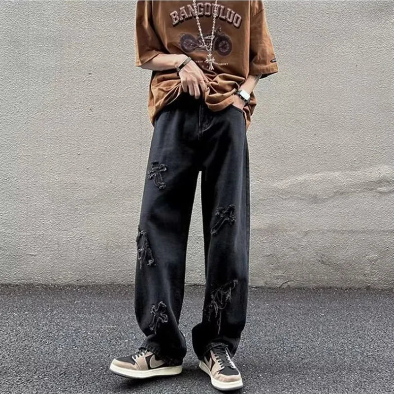 Jean en Denim à jambes droites pour hommes, nouvelle mode décontractée, ample, pantalon Y2k, jambes larges, Hip Hop, noir, bleu